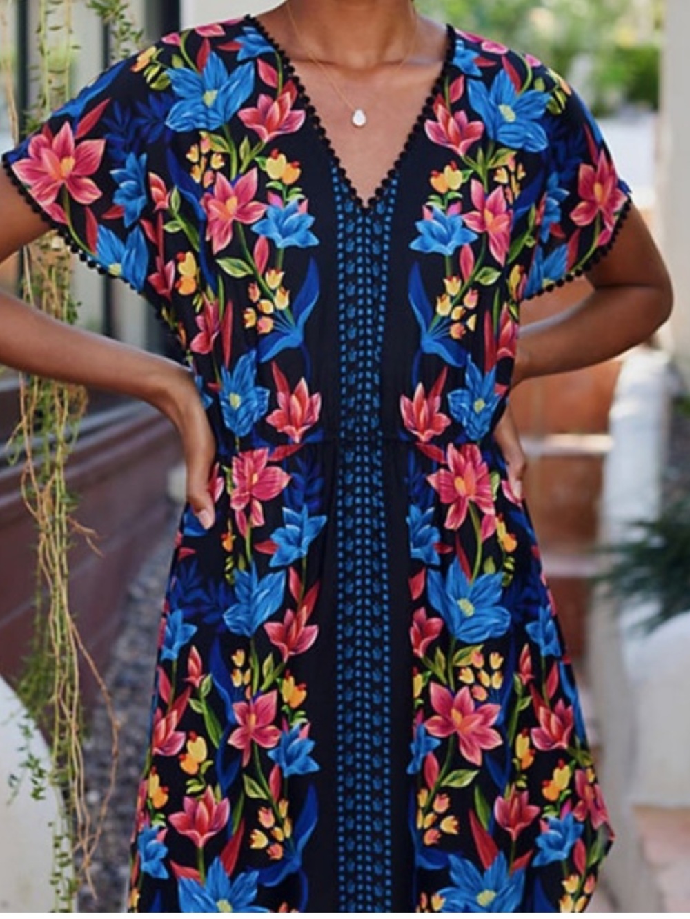 FARM Rio Black Mini Dress Cover-up Blue Pink Floral Print M